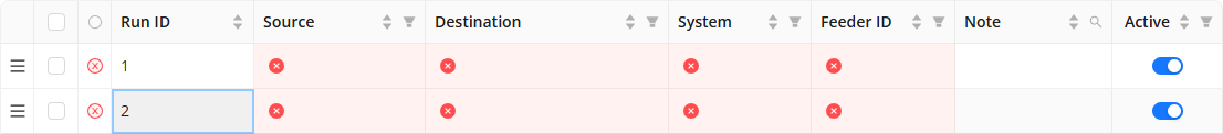 Table displaying run IDs with error indicators for source and destination fields.